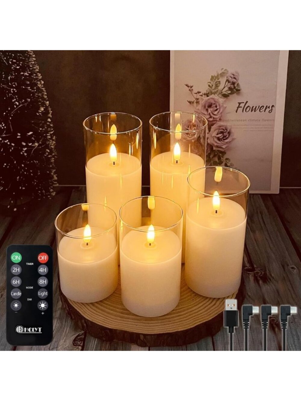 Set of 5 Rechargeable LED Flameless Candles - Realistic Flickering Glow
